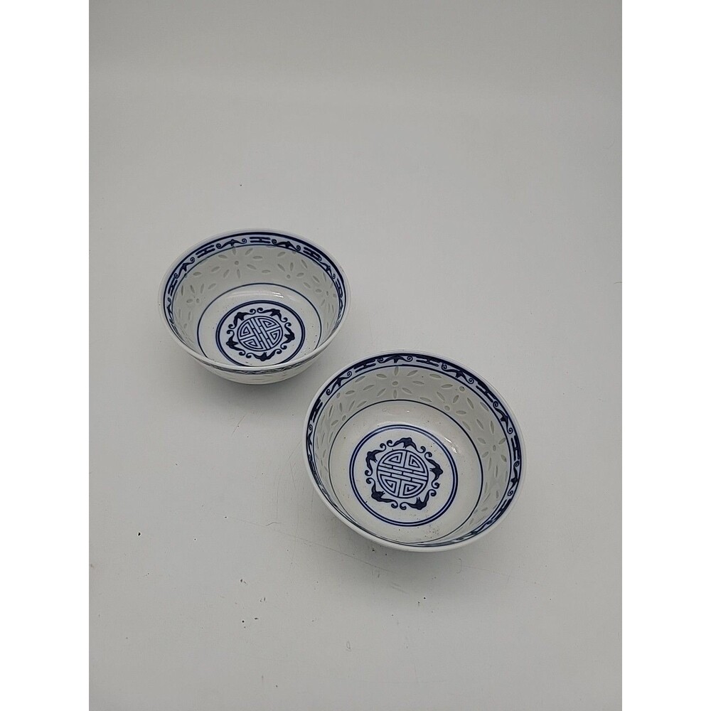 Vtg CHINESE RICE EYES SEED TRANSLUCENT BOWLS- SET OF 2 Blue White Pair 4.5"